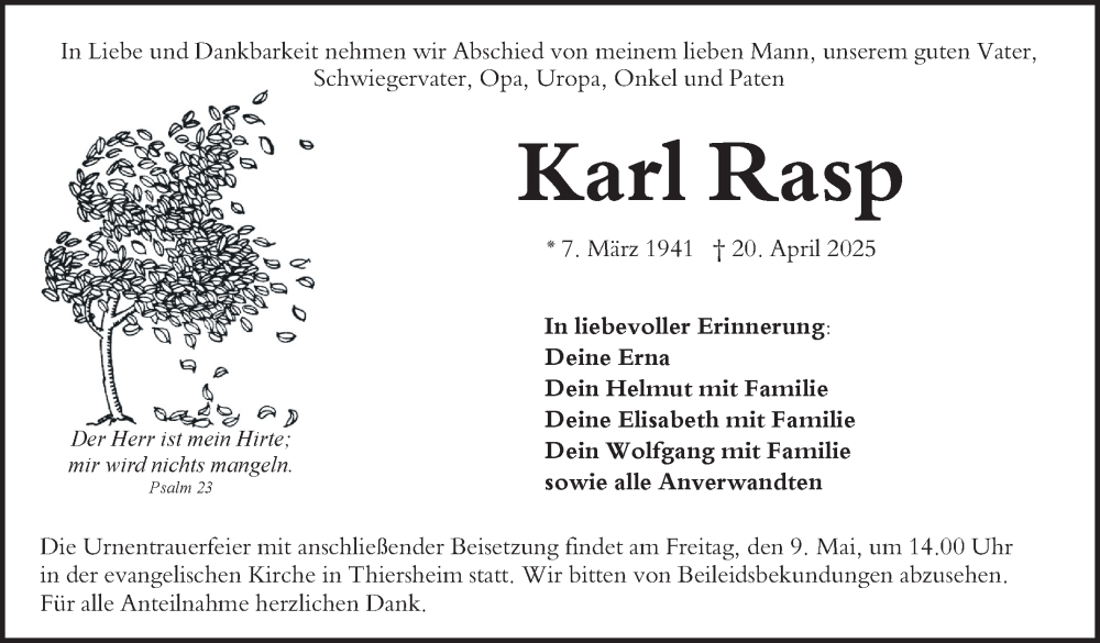  Traueranzeige für Karl Rasp vom 03.05.2025 aus Frankenpost