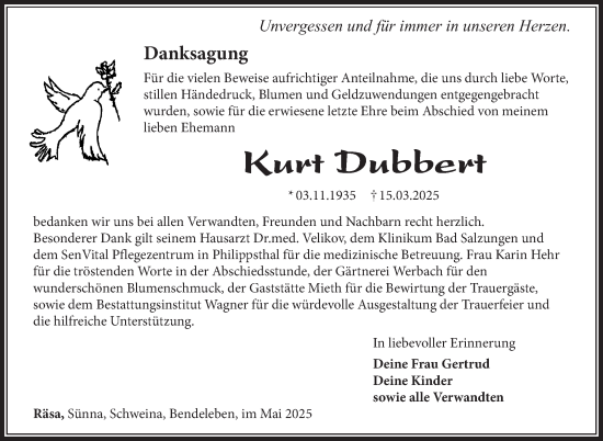 Traueranzeige von Kurt Dubbert von Südthüringer Presse