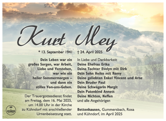 Traueranzeige von Kurt Mey von Südthüringer Presse