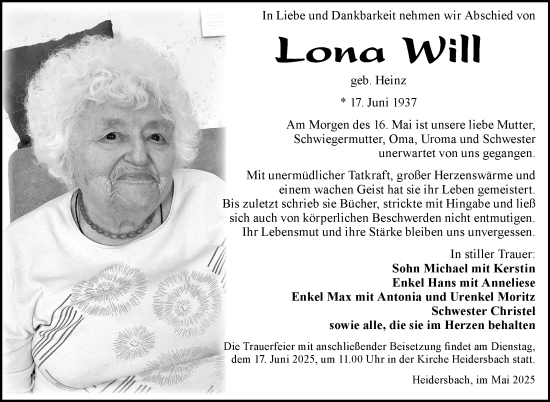 Traueranzeige von Lona Will von Südthüringer Presse