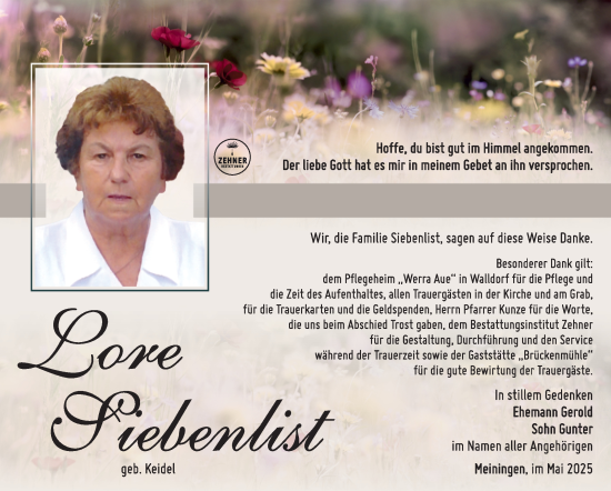Traueranzeige von Lore Siebenlist von Südthüringer Presse