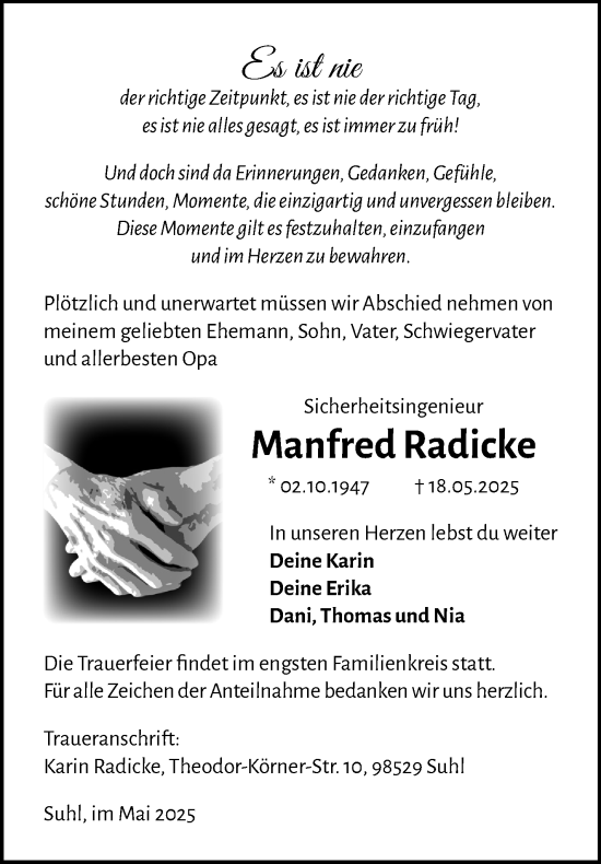 Traueranzeige von Manfred Radicke von Südthüringer Presse