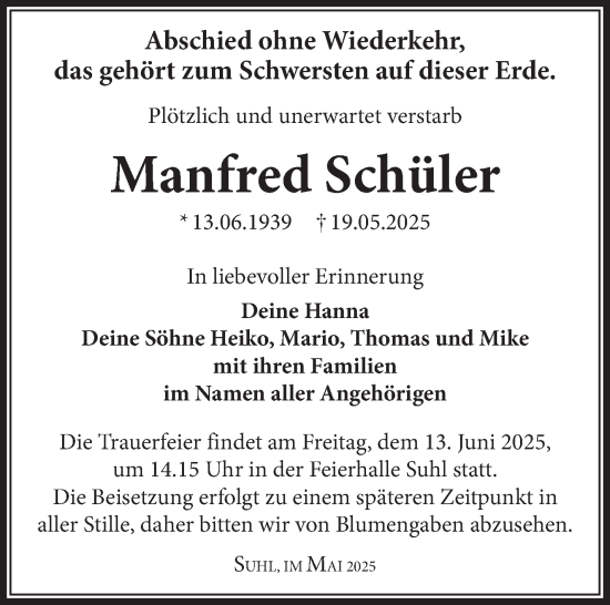 Traueranzeige von Manfred Schüler von Südthüringer Presse