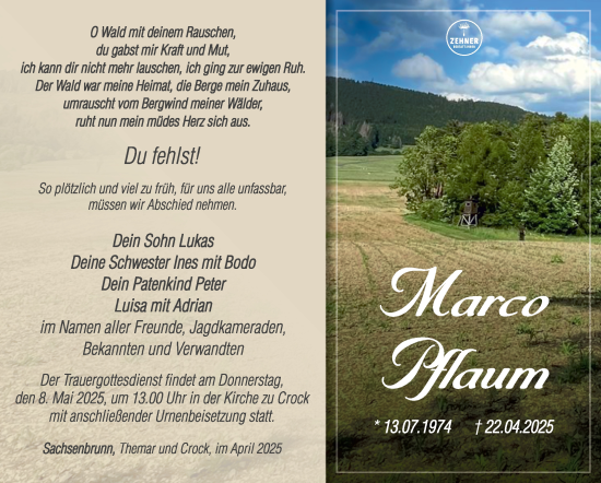 Traueranzeige von Marco Pflaum von Südthüringer Presse