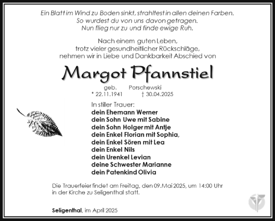 Traueranzeige von Margot Pfannstiel von Südthüringer Presse