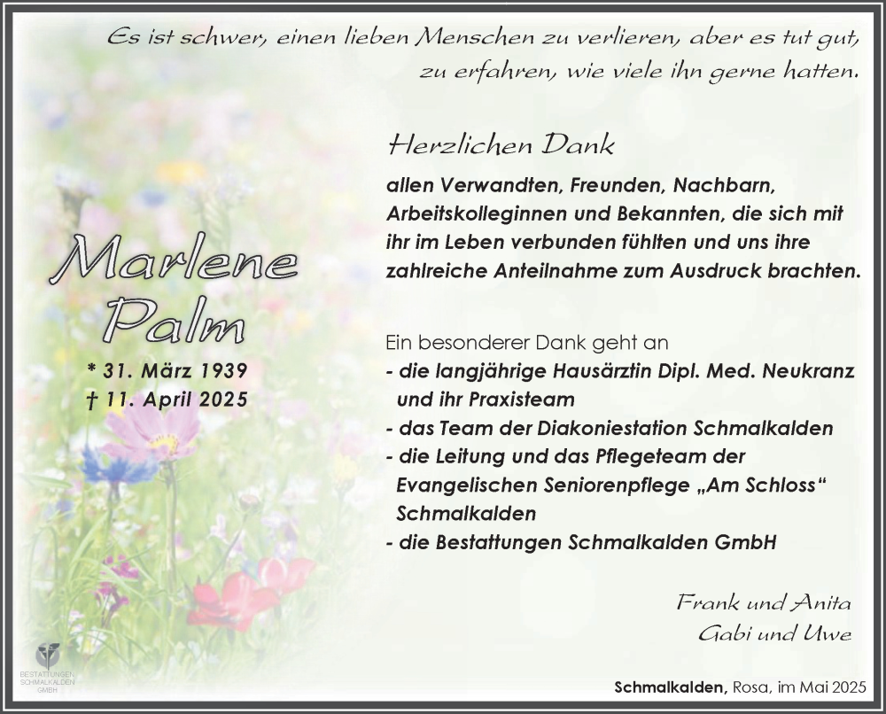  Traueranzeige für Marlene Palm vom 03.05.2025 aus Südthüringer Presse