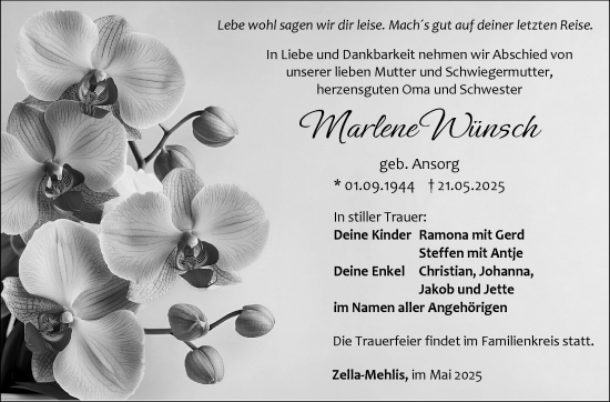 Traueranzeige von Marlene Wünsch von Südthüringer Presse