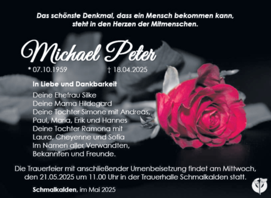 Traueranzeige von Michael Peter von Südthüringer Presse
