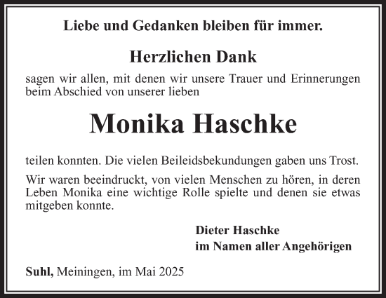 Traueranzeige von Monika Haschke von Südthüringer Presse