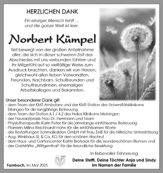 Traueranzeige von Norbert Kümpel von Südthüringer Presse