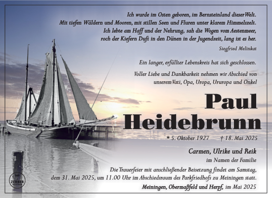 Traueranzeige von Paul Heidebrunn von Südthüringer Presse
