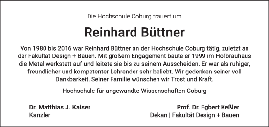 Traueranzeige von Reinhard Büttner von Neue Presse Coburg