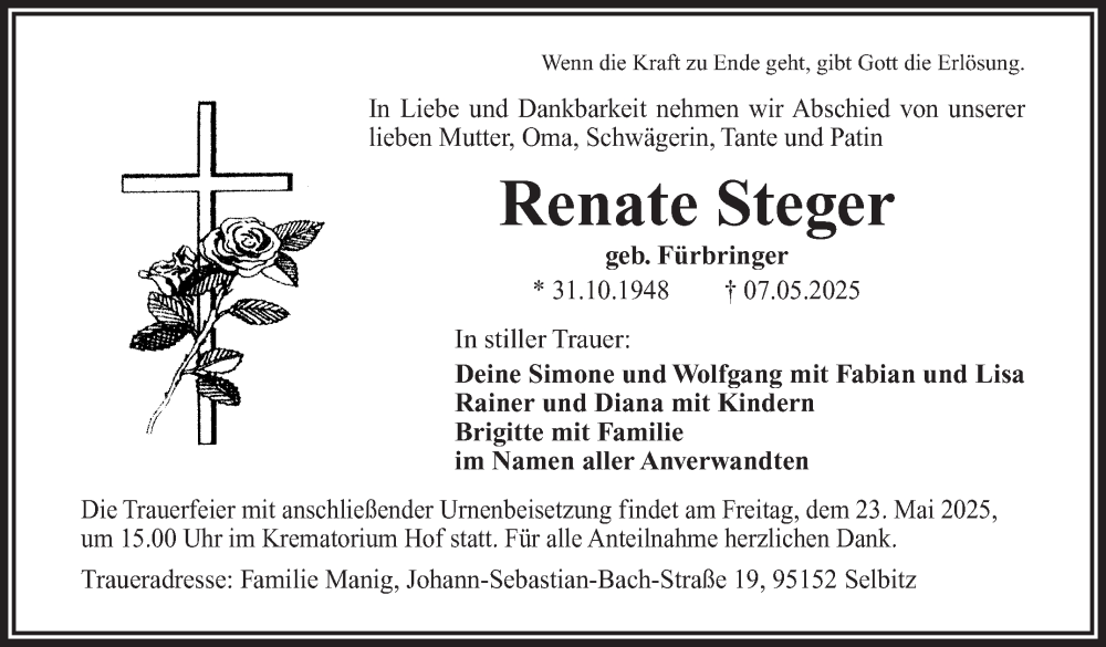  Traueranzeige für Renate Steger vom 17.05.2025 aus Frankenpost