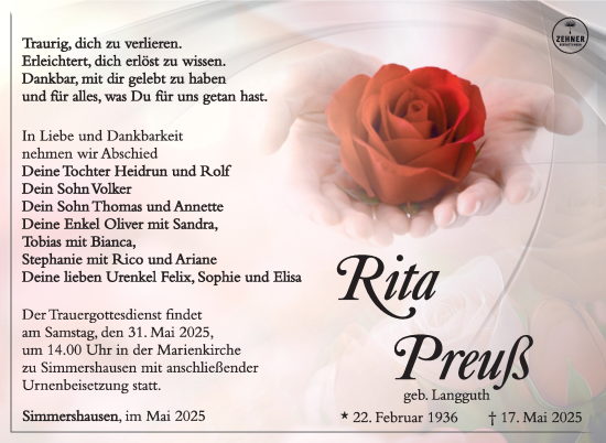 Traueranzeige von Rita Preuß von Südthüringer Presse