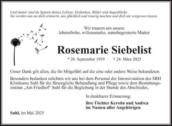 Traueranzeige von Rosemarie Siebelist von Südthüringer Presse