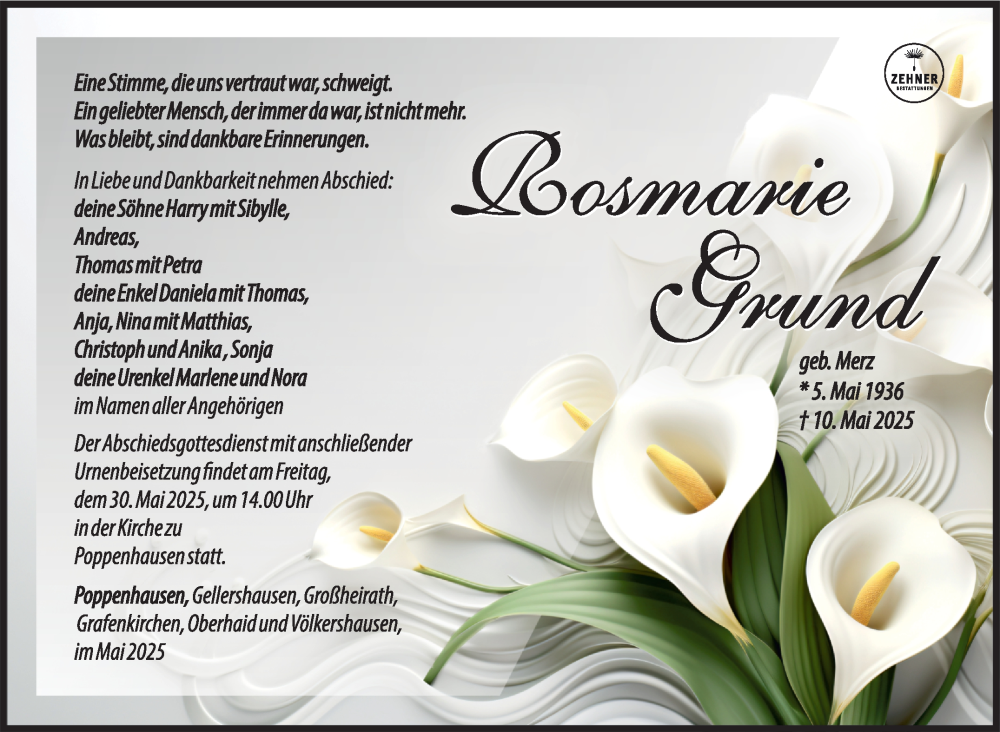 Traueranzeige für Rosmarie Grund vom 24.05.2025 aus Südthüringer Presse