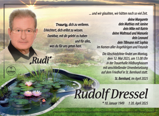 Traueranzeige von Rudolf Dressel von Südthüringer Presse