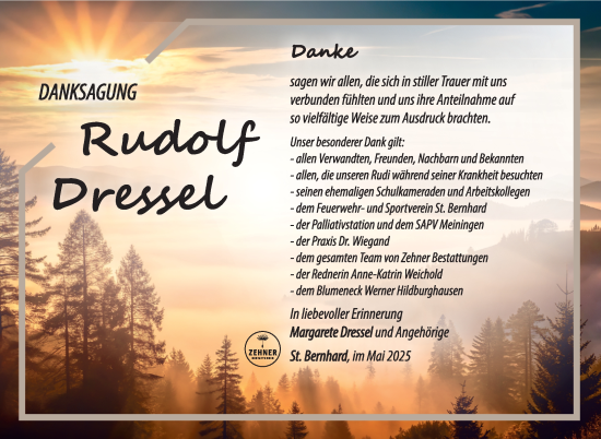 Traueranzeige von Rudolf Dressel von Südthüringer Presse