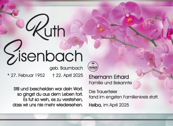Traueranzeige von Ruth Eisenbach von Südthüringer Presse