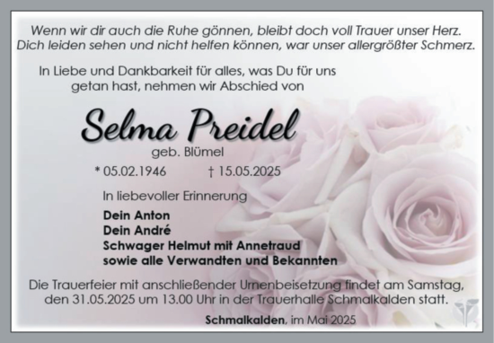 Traueranzeige von Selma Preidel von Südthüringer Presse