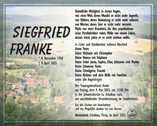 Traueranzeige von Siegfried Franke von Südthüringer Presse