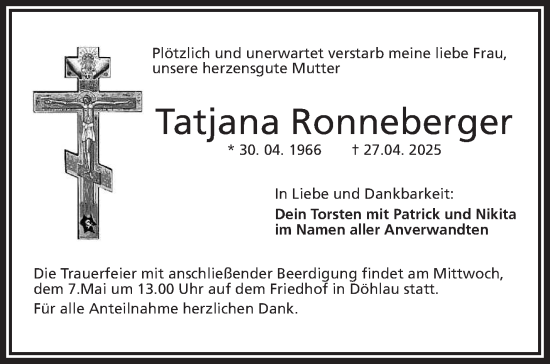 Traueranzeige von Tatjana Ronneberger von Frankenpost