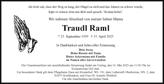 Traueranzeige von Traudl Raml von Frankenpost