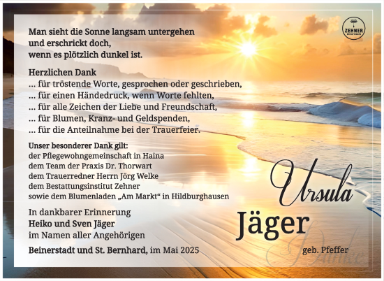 Traueranzeige von Ursula Jäger von Südthüringer Presse
