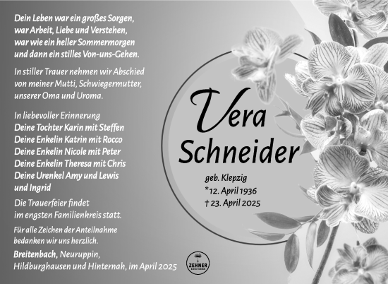 Traueranzeige von Vera Schneider von Südthüringer Presse