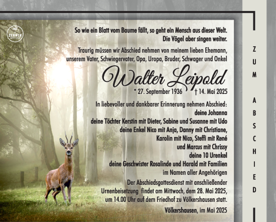 Traueranzeige von Walter Leipold von Südthüringer Presse