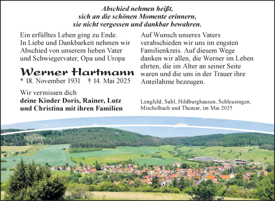 Traueranzeige von Werner Hartmann von Südthüringer Presse
