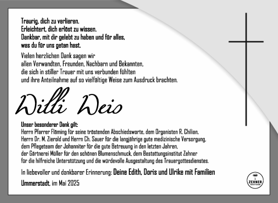 Traueranzeige von Willi Weis von Südthüringer Presse