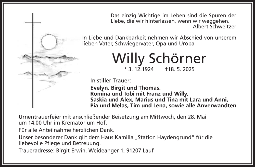  Traueranzeige für Willy Schörner vom 24.05.2025 aus Frankenpost