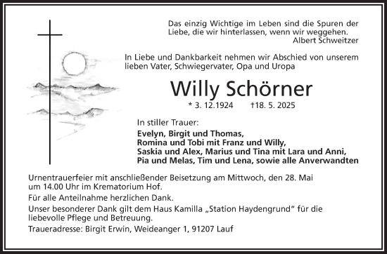 Traueranzeige von Willy Schörner von Frankenpost