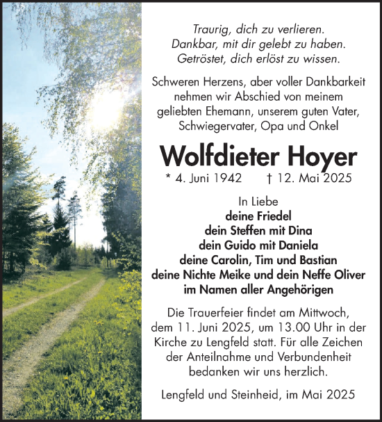Traueranzeige von Wolfdieter Hoyer von Südthüringer Presse