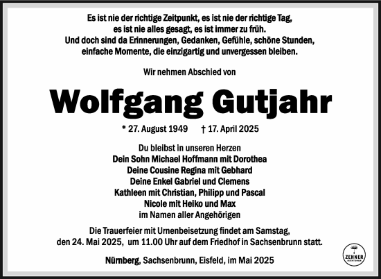 Traueranzeige von Wolfgang Gutjahr von Südthüringer Presse