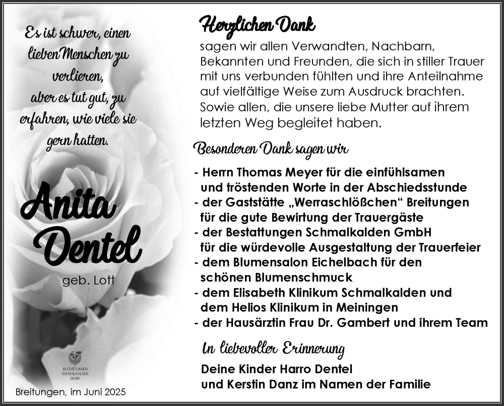  Traueranzeige für Anita Dentel vom 07.06.2025 aus Südthüringer Presse