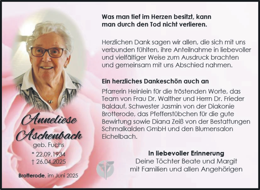  Traueranzeige für Anneliese Aschenbach vom 20.06.2025 aus Südthüringer Presse