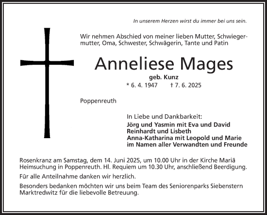 Traueranzeige von Anneliese Mages von Frankenpost