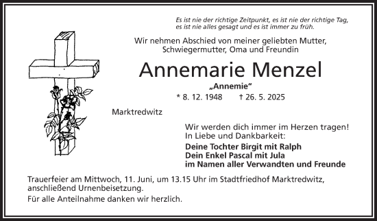 Traueranzeige von Annemarie Menzel von Frankenpost
