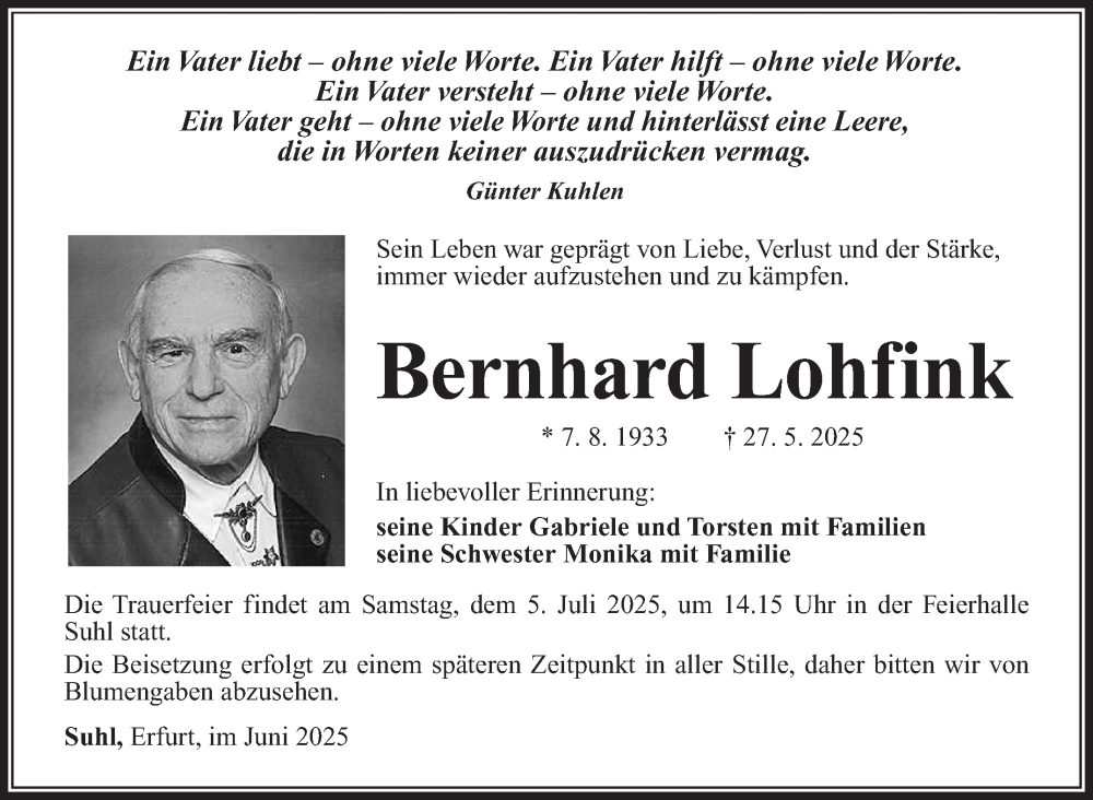  Traueranzeige für Bernhard Lohfink vom 21.06.2025 aus Südthüringer Presse