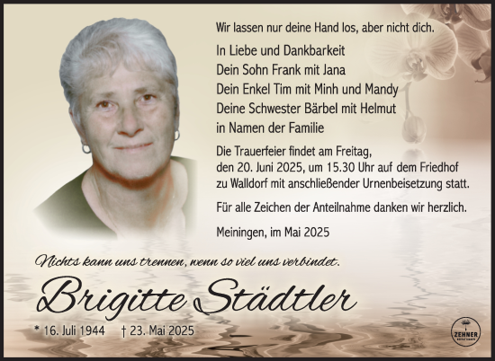 Traueranzeige von Brigitte Städtler von Südthüringer Presse