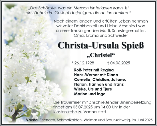Traueranzeige von Christa-Ursula Spieß von Südthüringer Presse