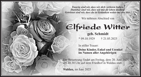 Traueranzeige von Elfriede Witter von Südthüringer Presse