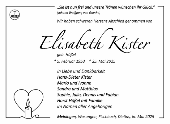 Traueranzeige von Elisabeth Kister von Südthüringer Presse