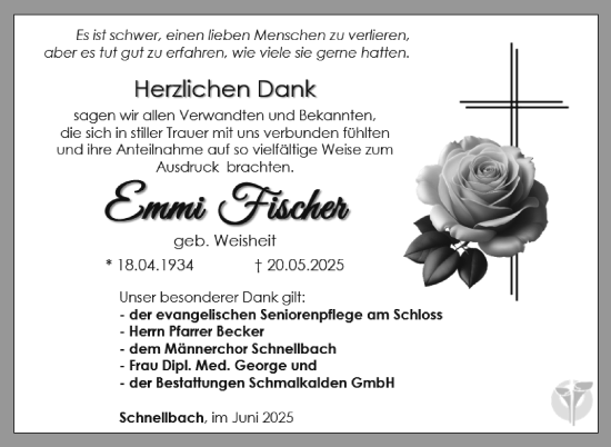 Traueranzeige von Emmi Fischer von Südthüringer Presse