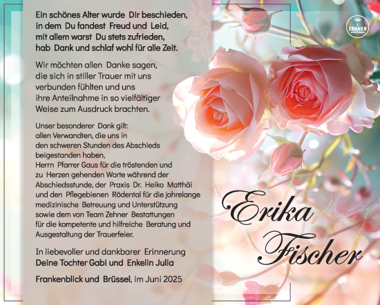 Traueranzeige von Erika Fischer von Südthüringer Presse