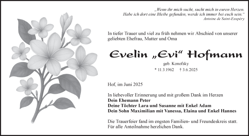  Traueranzeige für Evelin Hofmann vom 28.06.2025 aus Frankenpost