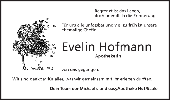Traueranzeige von Evelin Hofmann von Frankenpost