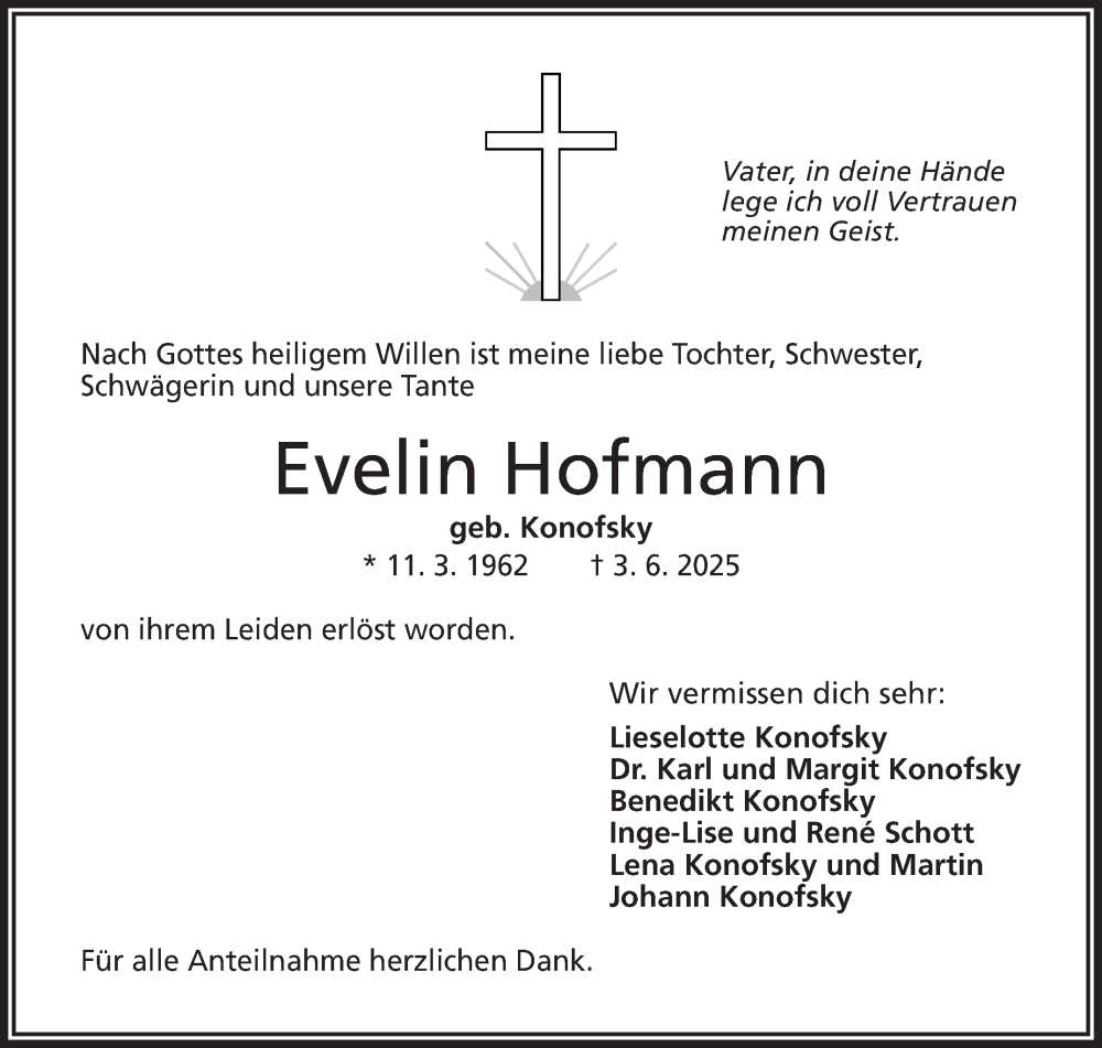  Traueranzeige für Evelin Hofmann vom 28.06.2025 aus Frankenpost